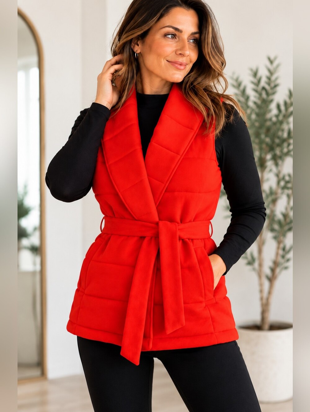 SPANX Quilted Belted Vest in Bright Red